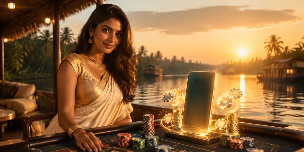 Promotional banner with Kerala backwaters sea view and registration bonus signs