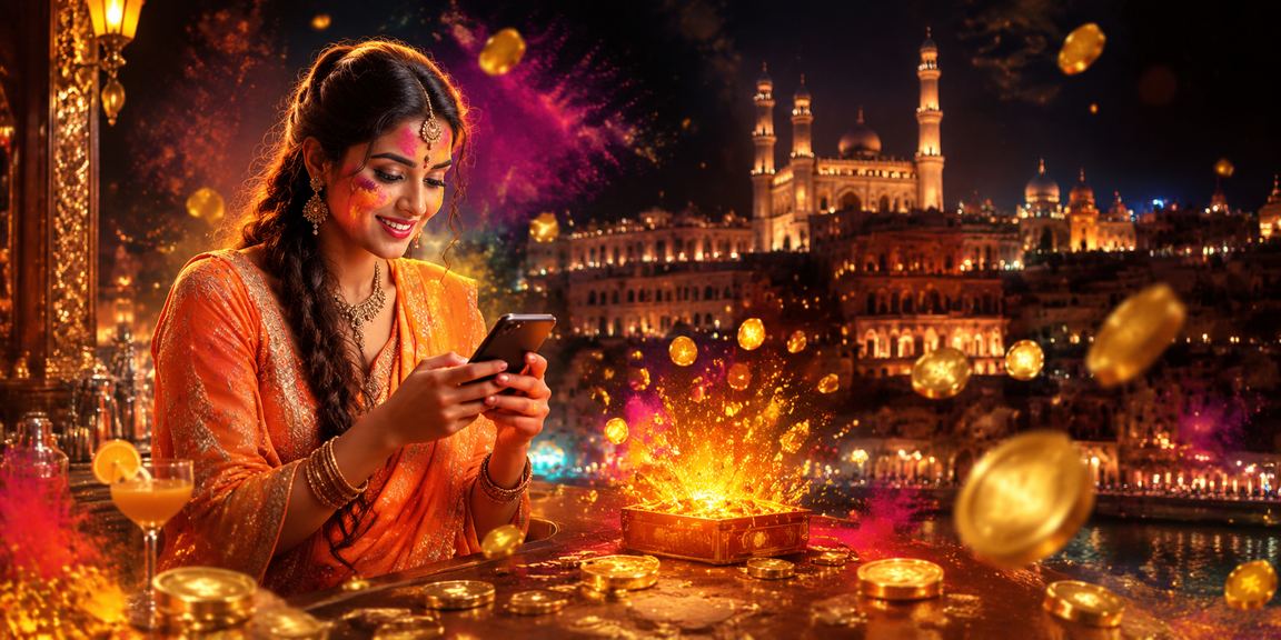 Mobile casino user celebrating Holi festival in Lucknow old city